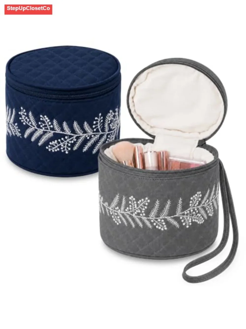 Hand Embroidered Linen Makeup Storage Box Set of 2 Cylinder Cosmetic Organizer